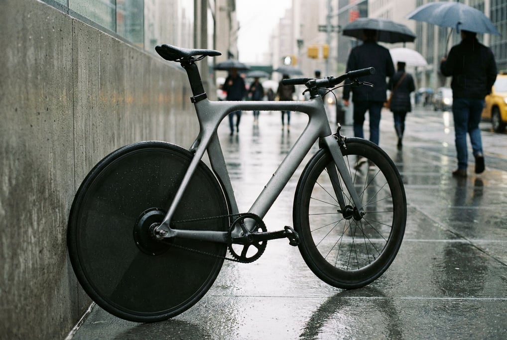 A bicycle with a seamless carbon-fiber monocoque frame in matte grey leans against a concrete wall o