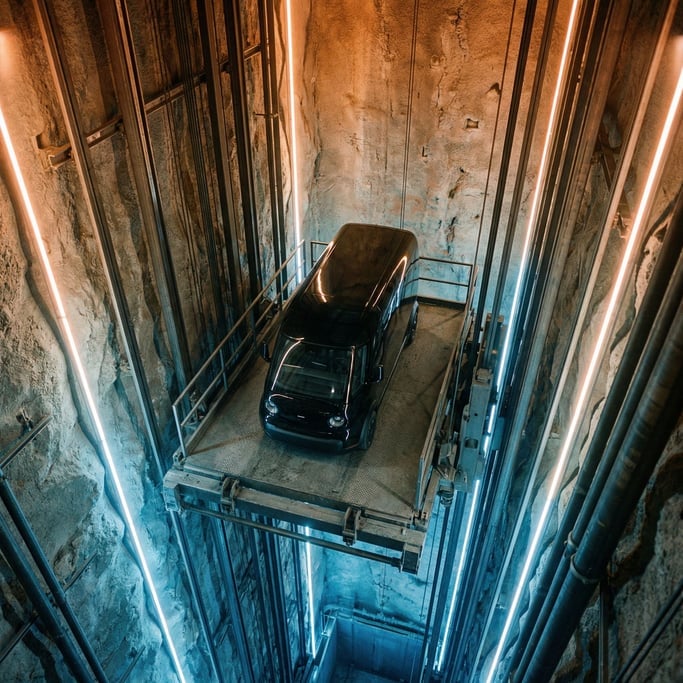 A cargo elevator platform descends into an underground facility