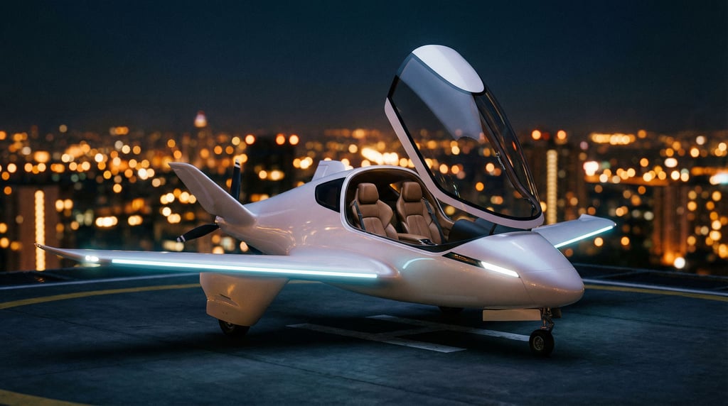 A concept flying vehicle in pearl white with short swept wings rests on a rooftop landing pad