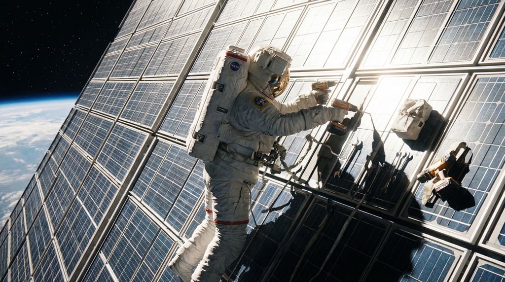 A spacewalk scene where an astronaut replaces a panel on a solar array
