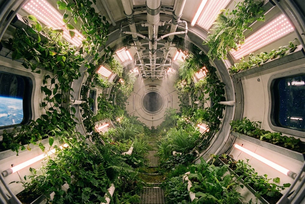 The interior of a space station greenhouse module — cylindrical