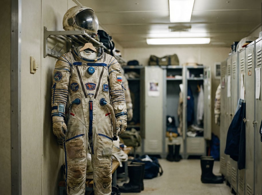 A spacesuit hung on a wall rack in a crew locker room, helmet placed on the shelf above