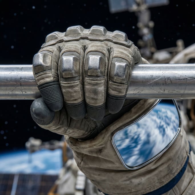 Close-up of a spacesuit glove gripping a handrail