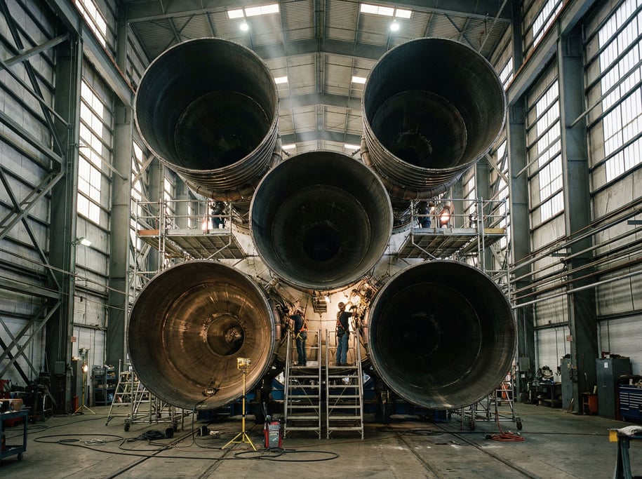 A spacecraft engine nozzle cluster seen from below during maintenance — five bell-shaped nozzles in