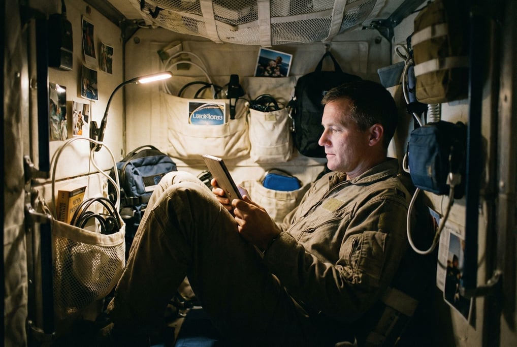 An astronaut sits in a cramped capsule reading a tablet, knees up
