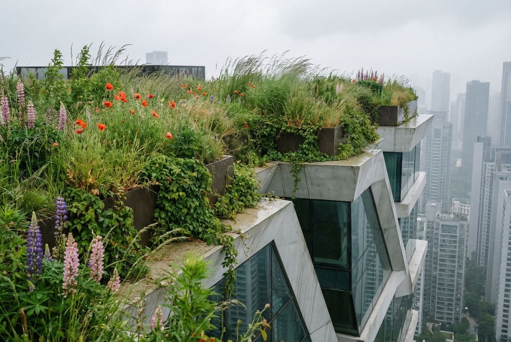 A rooftop garden atop a futuristic building