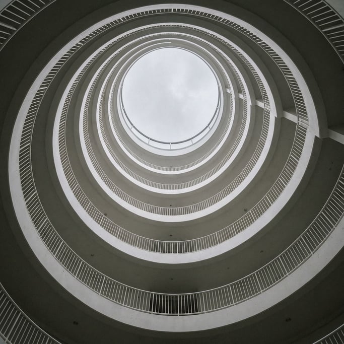 Looking straight up inside a cylindrical tower