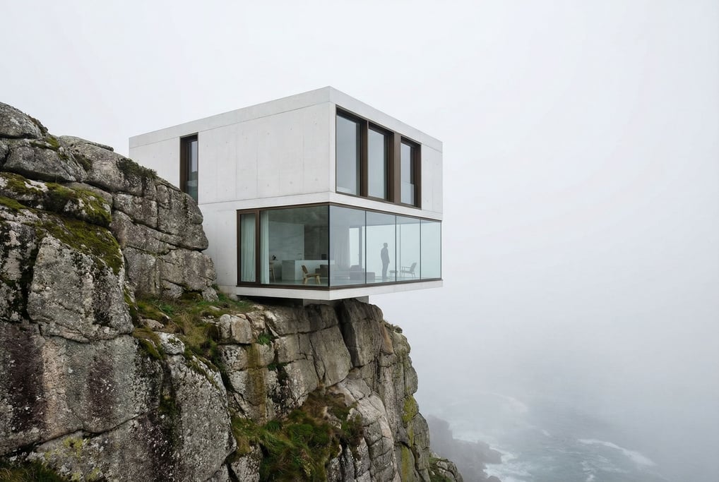 A house cantilevered over a cliff edge, its lower level a glass box revealing a minimal interior