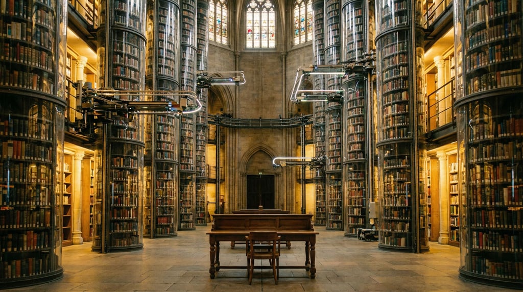 A vast library with books stored in transparent cylindrical tubes that rise from floor to a distant