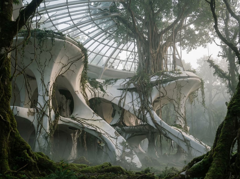 An abandoned futuristic structure reclaimed by nature — white walls cracked