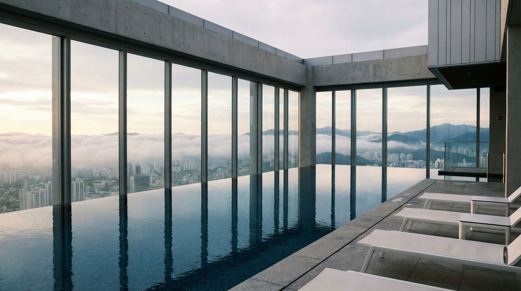 A swimming pool on the top floor of a tower