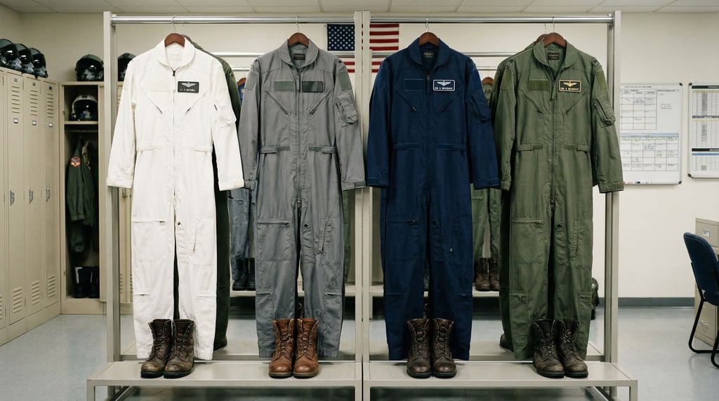 A row of flight suits in different colors — white, grey, dark blue