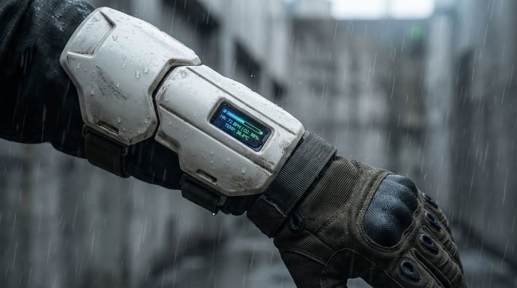 Close-up of a forearm wearing an armored bracer in pearl white with a small integrated display showi