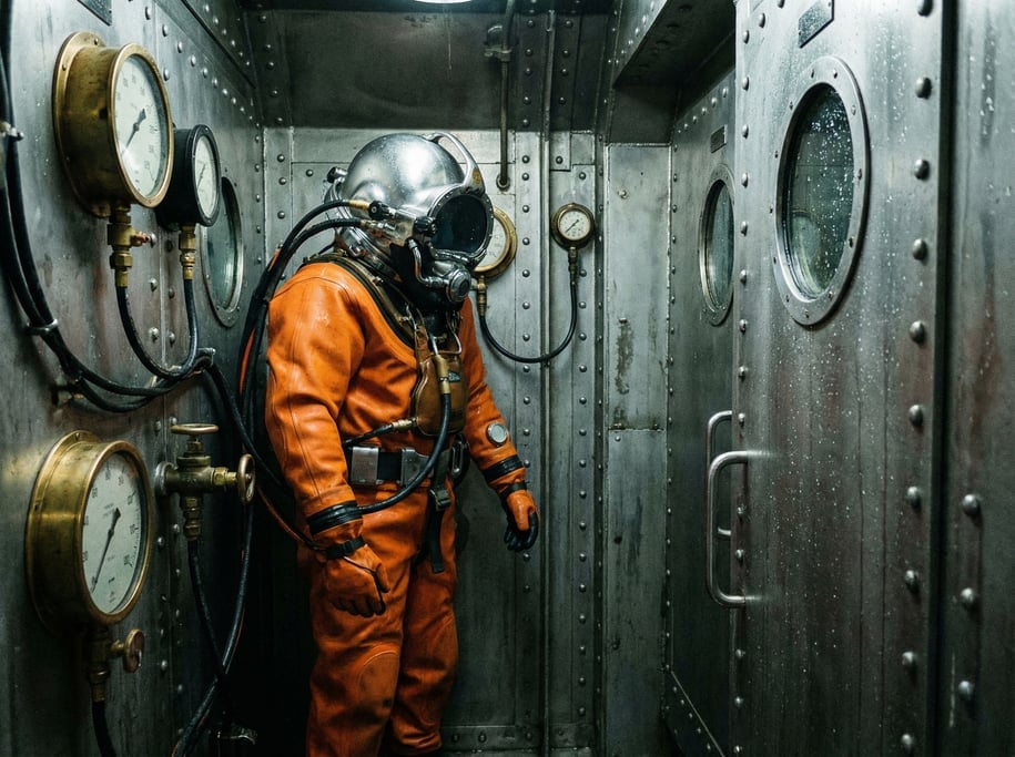 A deep-sea diving suit in bright orange with a bulbous helmet and reinforced joints stands in a pres