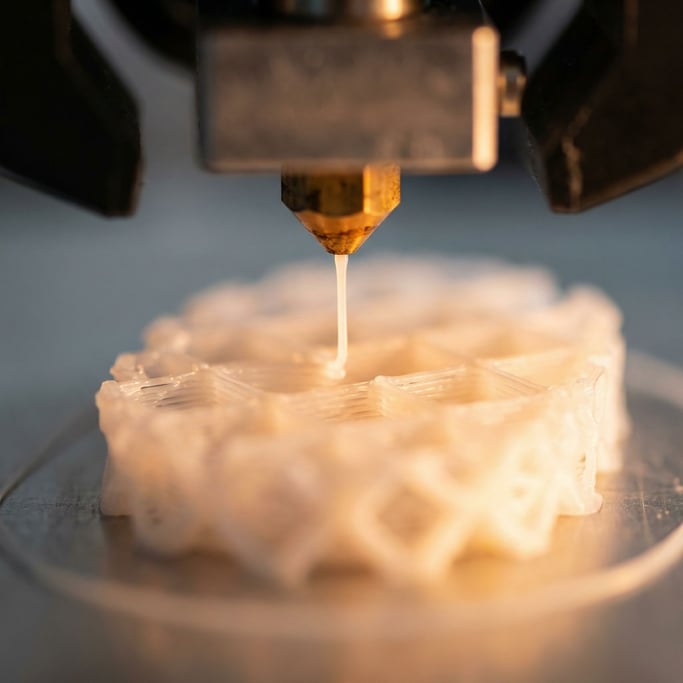 A 3D printing nozzle deposits a thin strand of molten white material