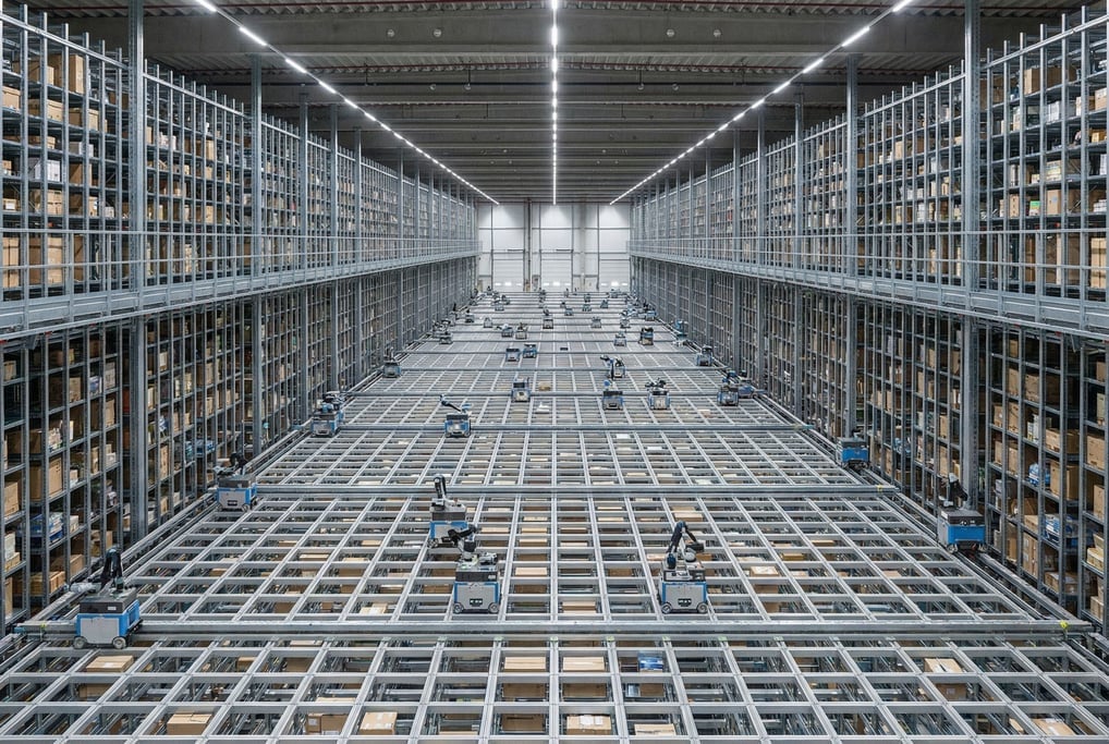 An automated warehouse interior — shelving units three stories high with small robotic carriers movi