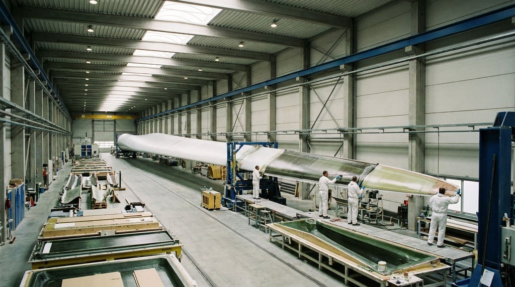 A wind turbine blade being manufactured in a long