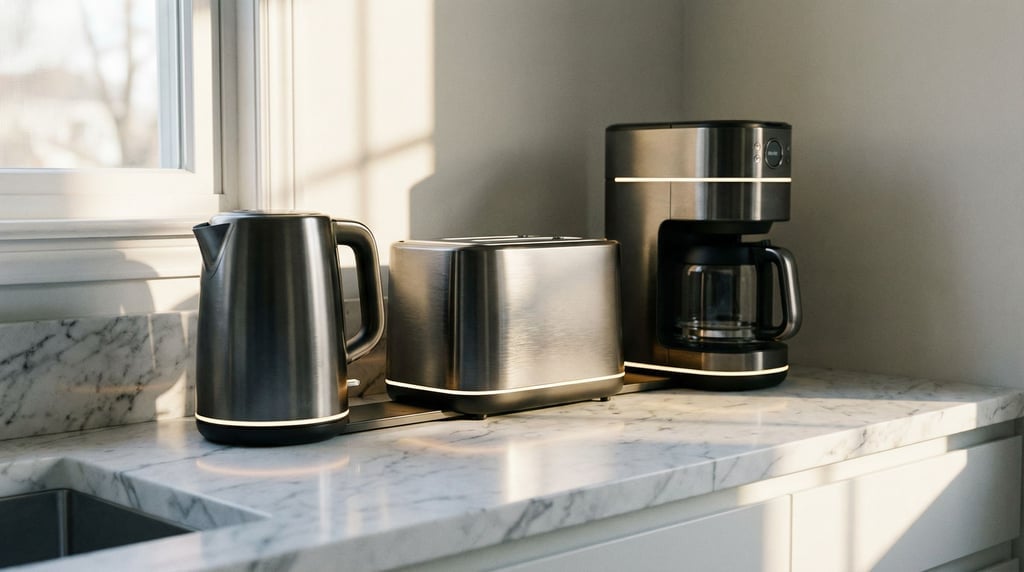 A kitchen countertop with a suite of connected appliances in matching brushed dark chrome — a kettle