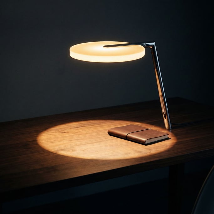 A desk lamp with no visible light source — its shade is a thin disc of luminous material that glows