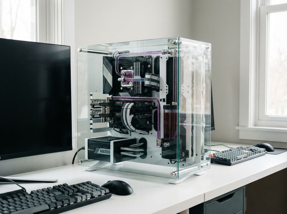 A transparent desktop computer with all components visible — circuit boards, cooling systems