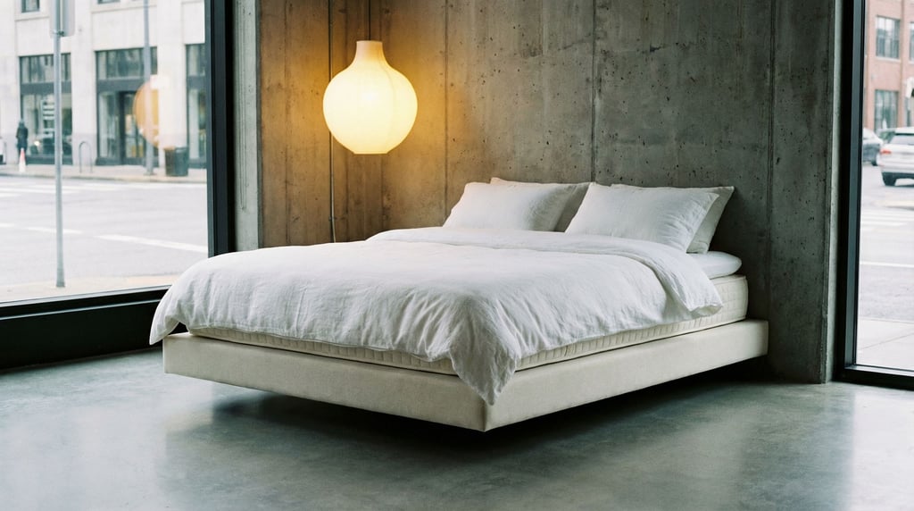 A furniture showroom with a single levitating bed — the mattress and frame hover a foot above the fl