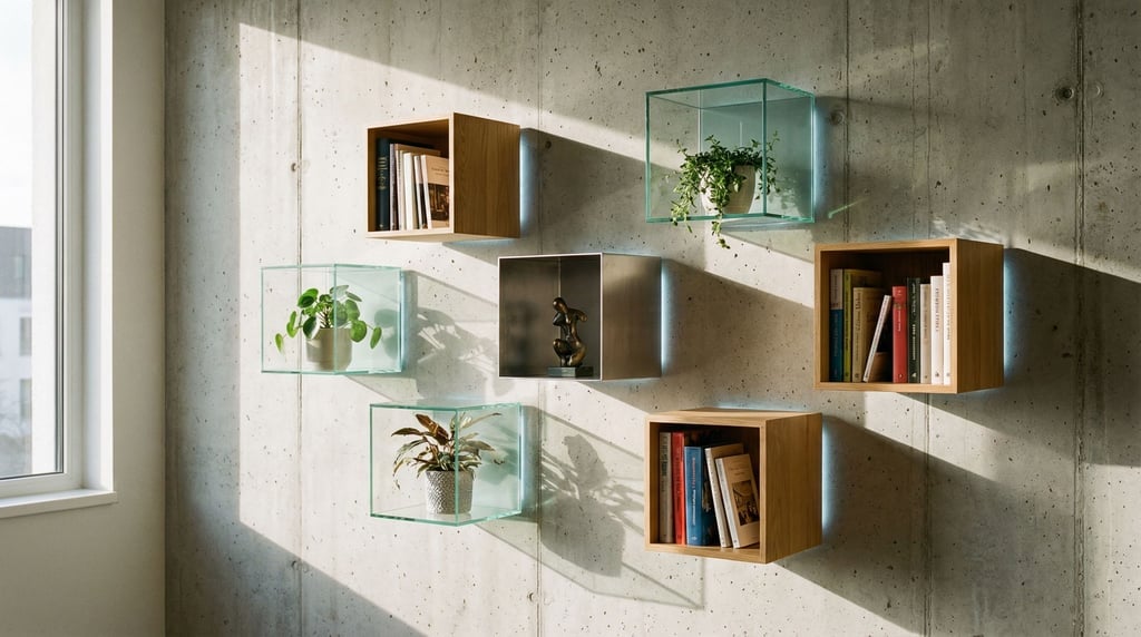 A modular shelving system where each cube-shaped module hovers independently on a wall