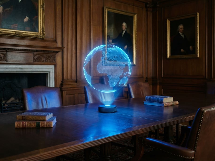 A portable holographic projector the size of a hockey puck sits on a conference table