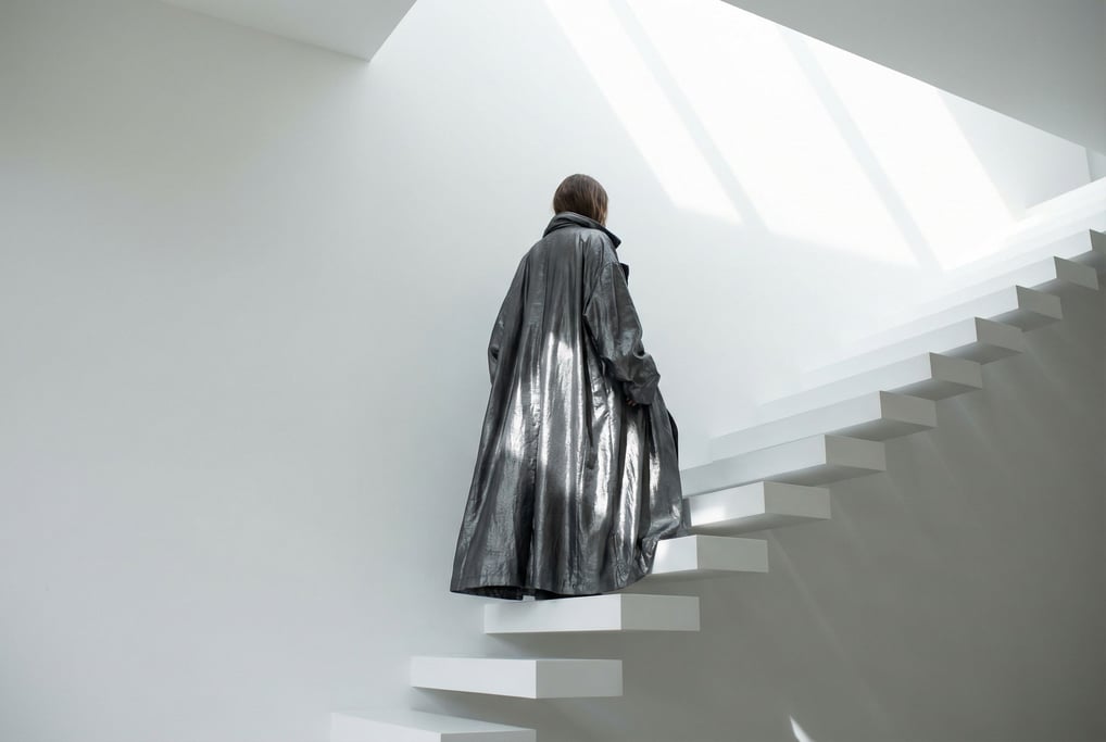 A figure photographed from behind ascending a stark white staircase