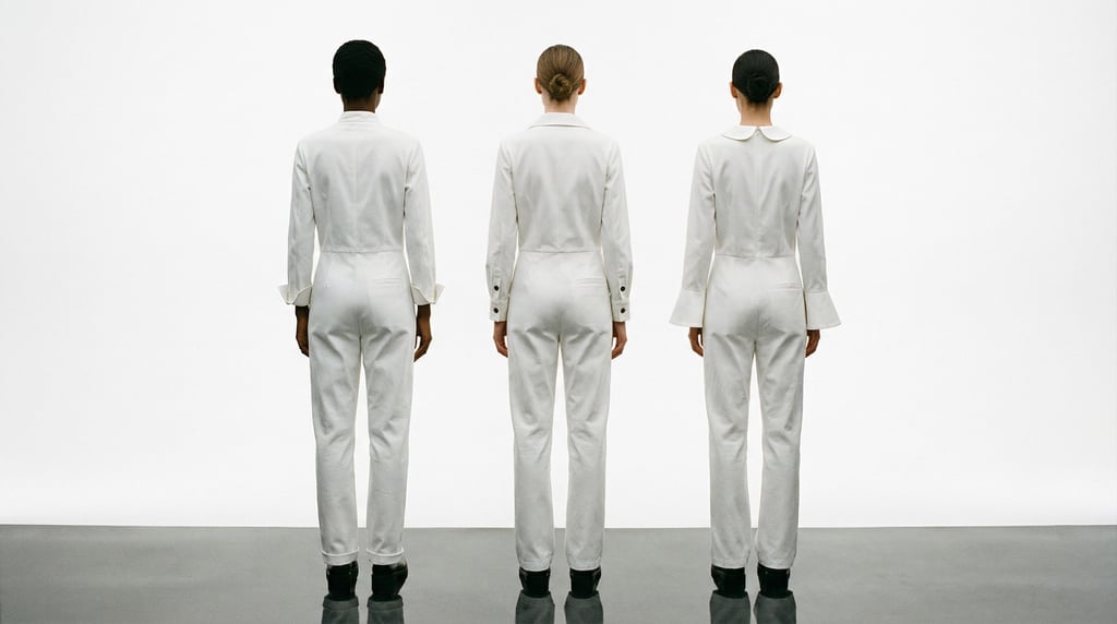 Three models stand in a row facing away from camera in identical white jumpsuits with subtle differe