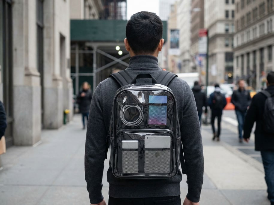 Back view of a figure wearing a transparent backpack revealing neatly organized tech gear inside — c