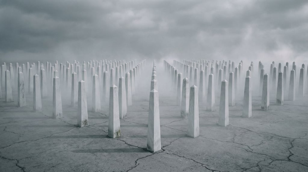 A field of white geometric obelisks arranged in a grid on a flat grey plain under overcast skies