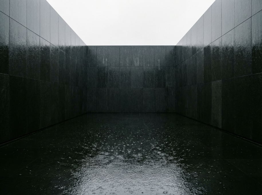 An interior courtyard open to the sky, walls of dark polished stone rising on all four sides