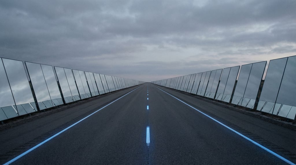 A highway stretches perfectly straight through a landscape of mirrored panels angled at the ground