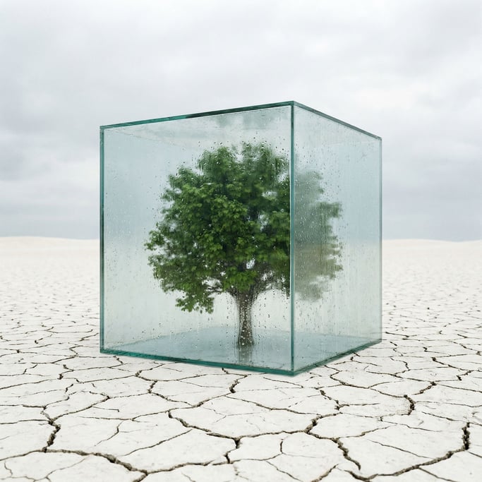 A single tree grows inside a glass cube in the middle of a white desert