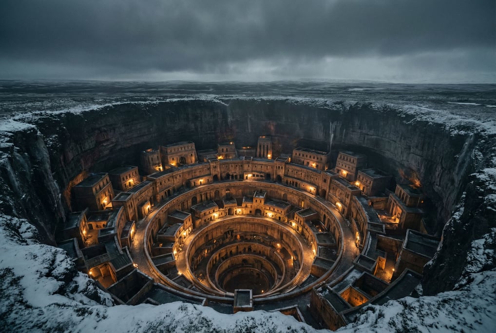 An enormous circular opening in the earth reveals a subterranean city below — concentric rings of bu