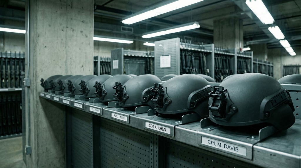 A row of identical combat helmets on a shelf in an armory — dark matte grey with integrated optics a