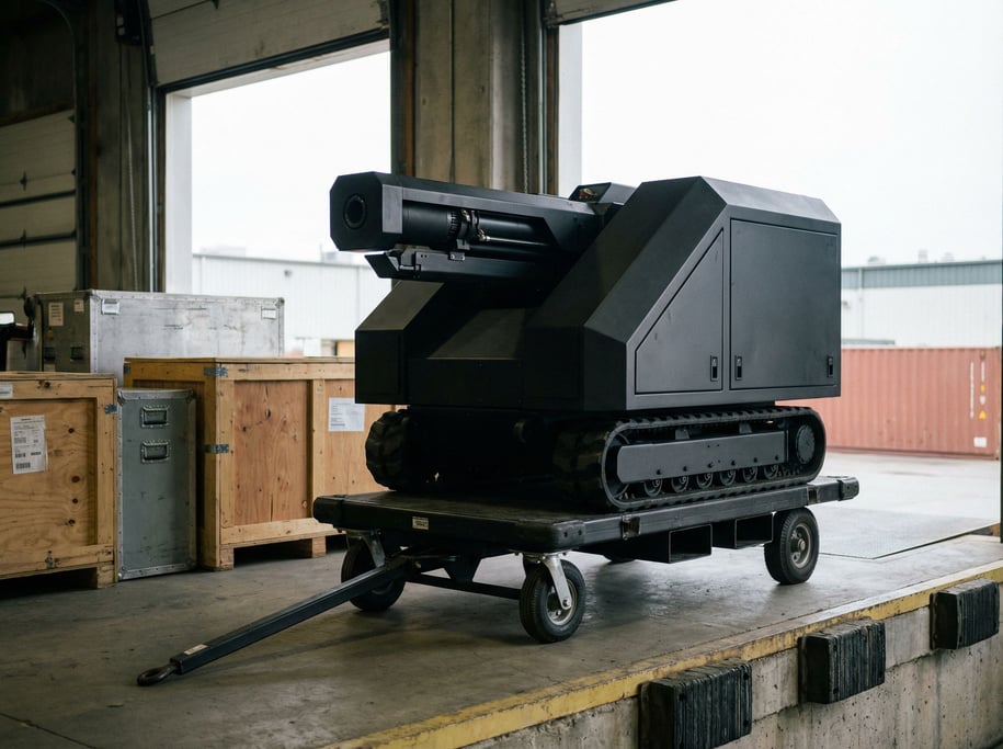 A portable energy weapon turret folded into its transport configuration — compact, angular