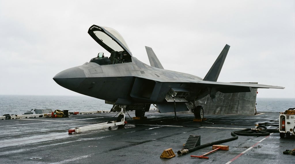 An aircraft carrier deck with a single next-generation fighter aircraft parked on the catapult