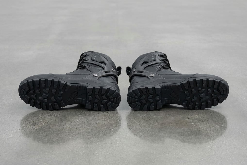 A pair of military boots in dark synthetic material with integrated ankle support exoskeleton