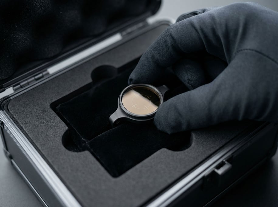 A targeting monocle — a small lens and frame assembly in dark titanium — displayed on a black velvet