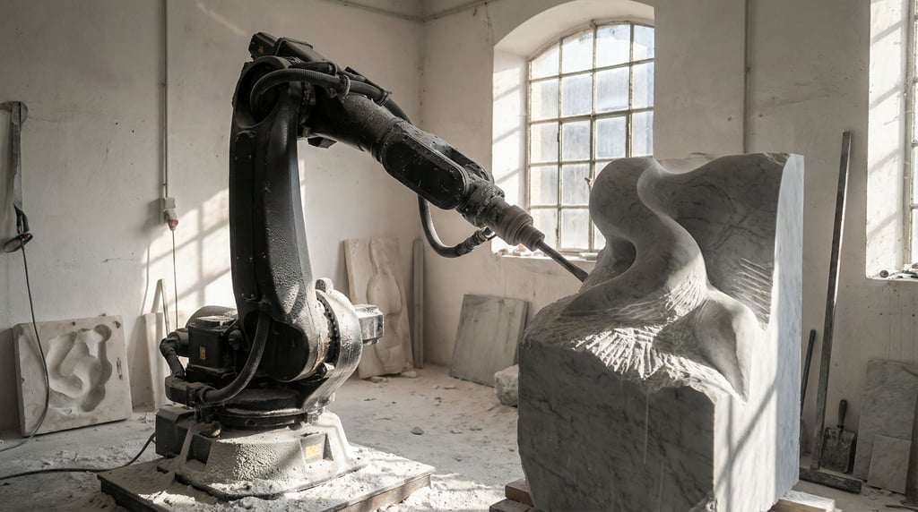 A robot sculptor chisels a marble block in a dusty studio, white dust coating its dark chassis