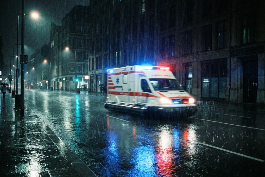 A hover ambulance in white and red rushes through a rain-soaked street at night