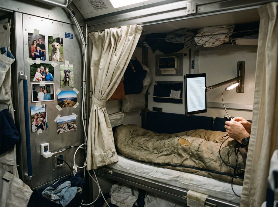 An astronaut's personal quarters on a station — a narrow bunk with a privacy curtain pulled back
