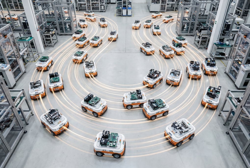 A factory floor where dozens of small wheeled robots move in coordinated patterns