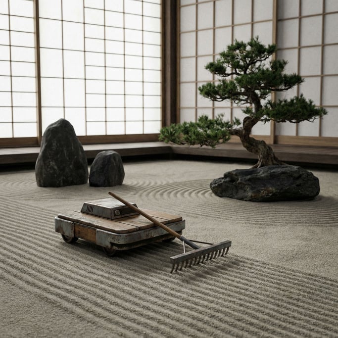 A zen garden where the raked sand patterns are maintained by a small flat robot that moves slowly th