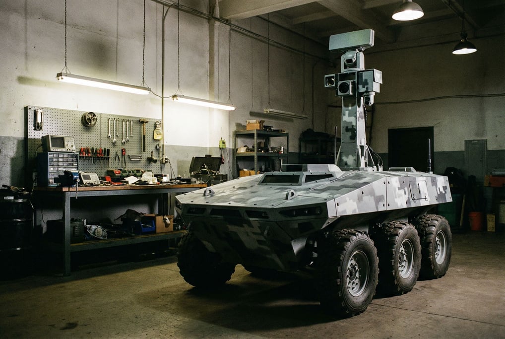 An unmanned combat ground vehicle — low, flat, six-wheeled
