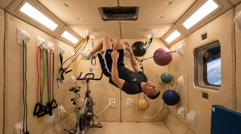 A space station recreation area — a small zero-gravity gymnasium with padded walls and floating exer
