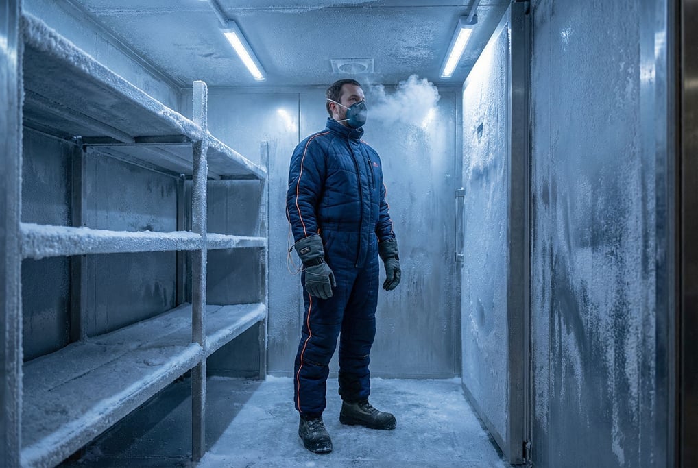 A figure in a thermal regulation bodysuit in dark blue stands in a freezer chamber
