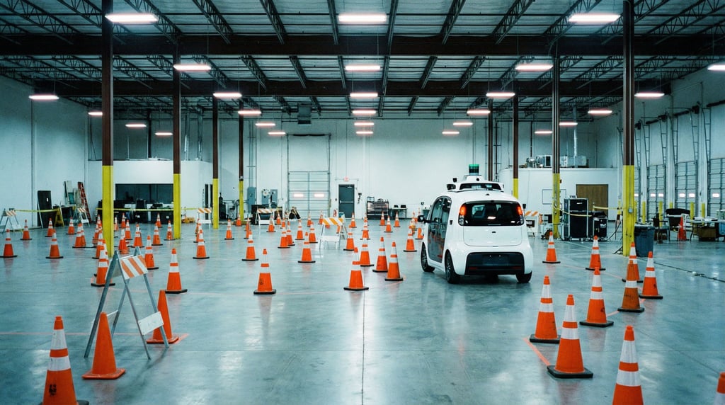 A warehouse converted into a testing ground for autonomous vehicles — orange traffic cones mark out