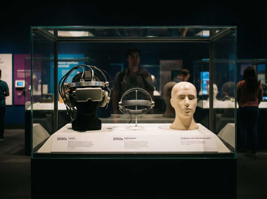A display case in a technology museum holds a collection of neural interface devices spanning severa